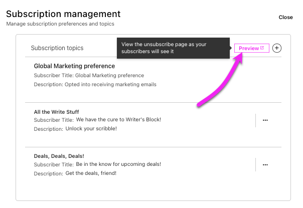 Subscription Management editor hovering over Preview button to view management page as your subscribers will see it.png