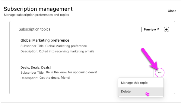 Subscription Management settings clicking on three dot menu the delete from the dropdown to delete the Topic.png