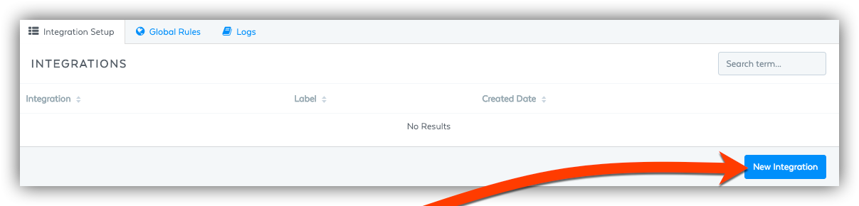 Arrow pointing to the New Integration button found in the integration setup tab