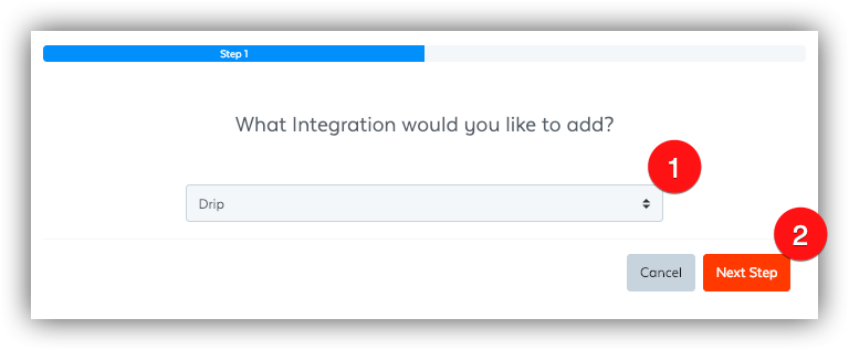 Pop-up box showing a drop-down to choose an integration
