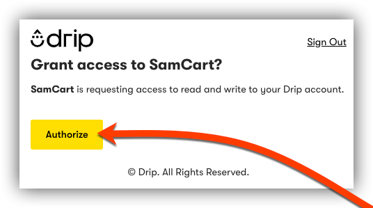 Pop up from Drip requesting access for SamCart