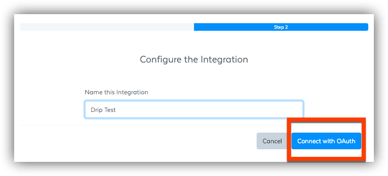 Pop-up box showing a drop-down with the chosen integration and a box highlighting the Connect with Oauth button