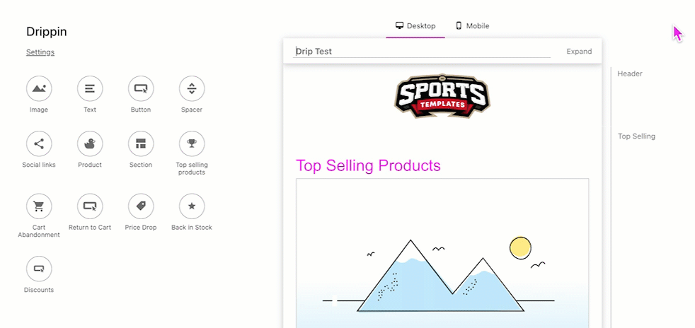 Gif showing visual email builder to edit icon in header. Click edit layout and add spacer column to left and right of the icon image then editing the imaze size slider.gif