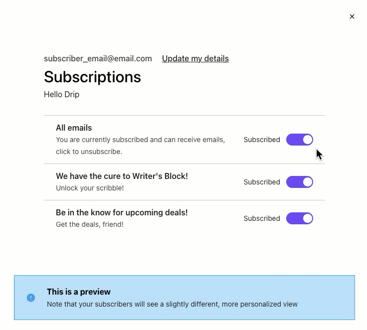  Subscription Management page cursor toggling the All emails subscriptions off then on and the additional topics from on to off