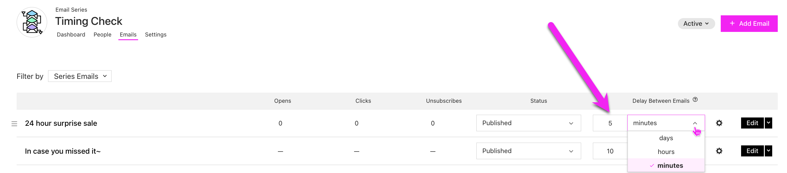 Email Series Emails with the Delay Between Emails dorpdown expanded to show options for days hours and minutes.png