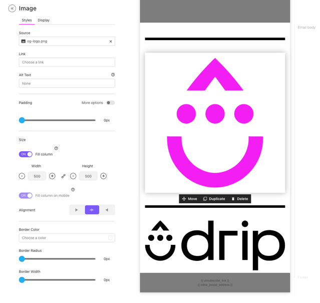 Overview of the image options in the Visual Email Builder under the Styles tab