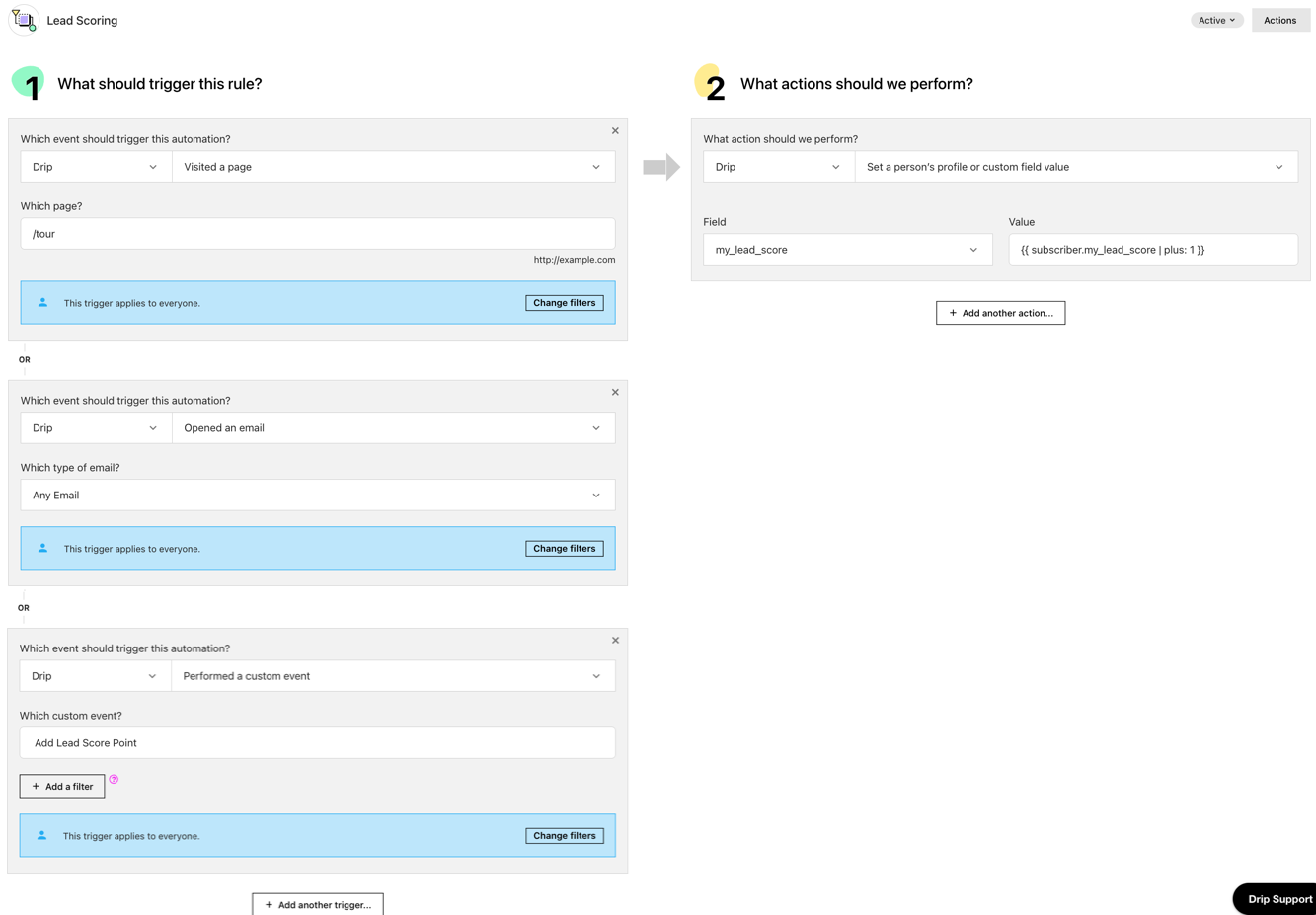 Lead Scoring Rule with trigger examples and actions to add a plus 1 to my_lead_score custom field