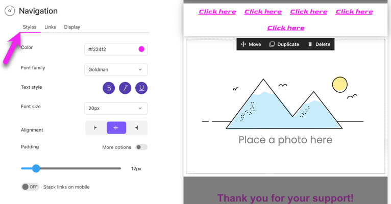Under Navigation settings there is a tab called Styles to edit the font style, color, size, alignment, and padding