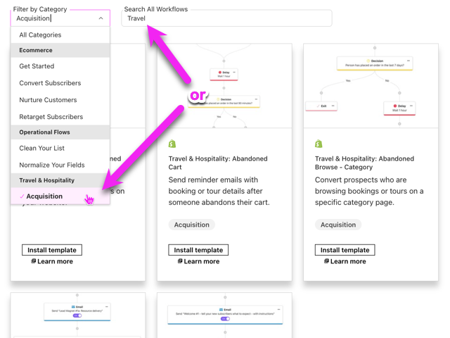Workflow Templates drop-down menu options and search bar