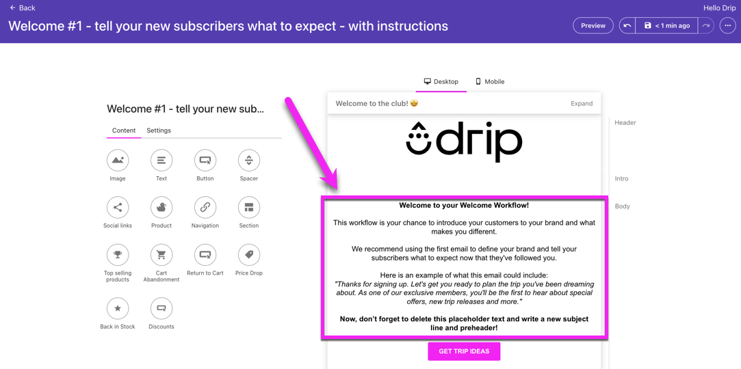 Workflow template Visual Email Builder with instructions