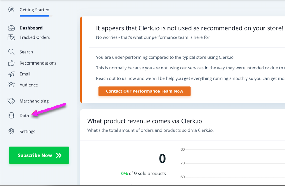 Clerk settings showing Data on side menu