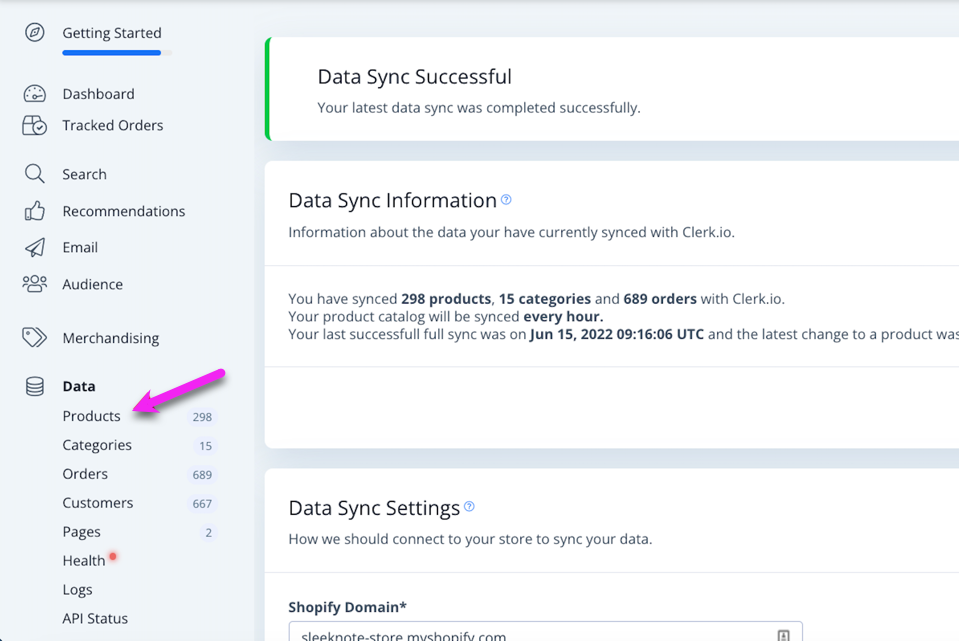 Clerk settings showing Products option under Data menu
