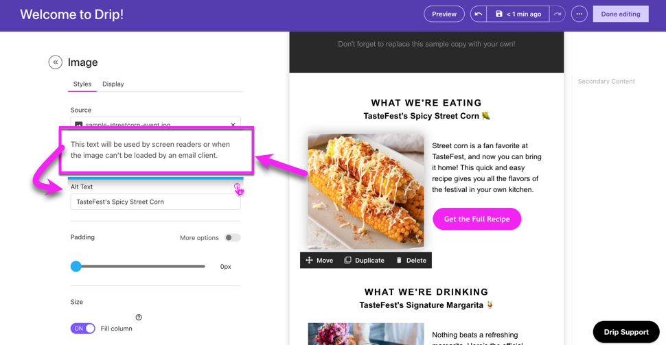 Visual Email builder's image settings showing option for adding an Alt Text