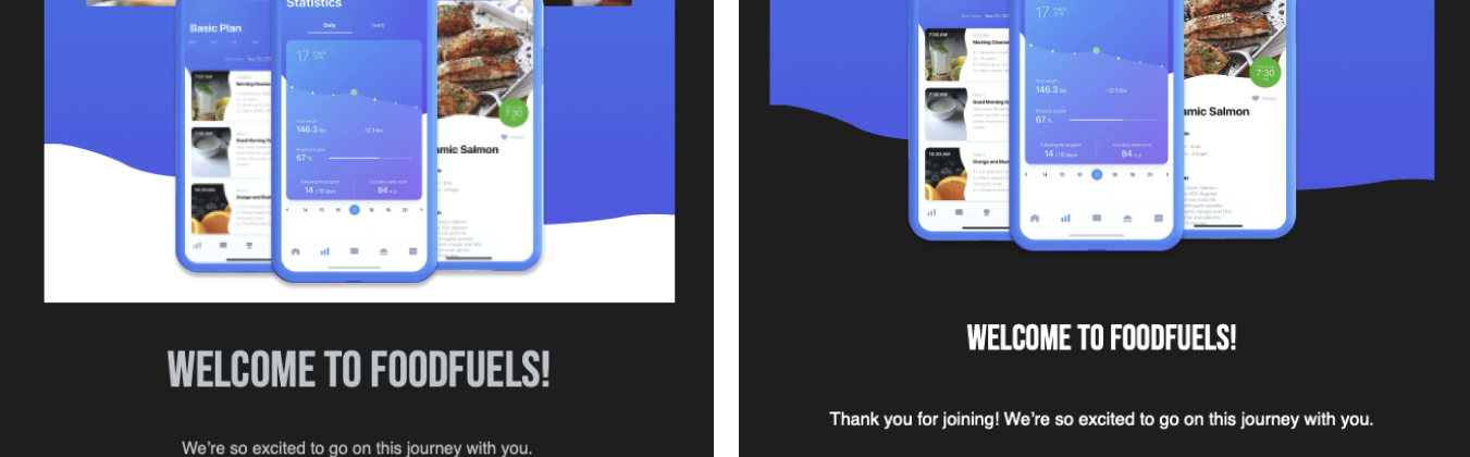 example of an image in an email without a transparent background next to an example of an image with a transparent background in dark mode