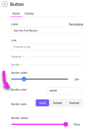 Visual Email builder's border settings showing the Border Color option