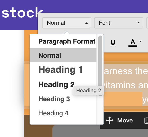 Text modal with dropdown for the headings you can choose 