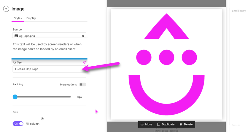 Image settings in the Visual Email Builder pointingto the Alt Text field