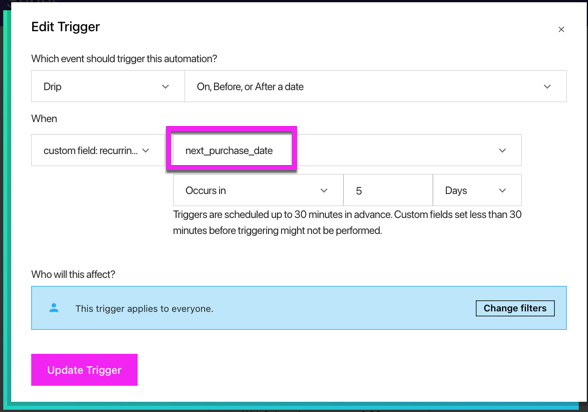 Custom field: recurring date Trigger settings set to next_purchase_date