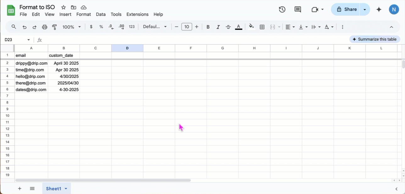 highlighting a column in Google Sheets, navigating to the Format menu, selecting Number, choosing Custom Date and Time, and applying the ISO date format