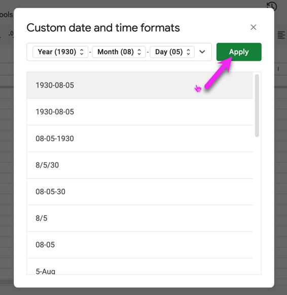 Googlesheet Custom Date and Time formats window pointing to Apply with ISO format selected