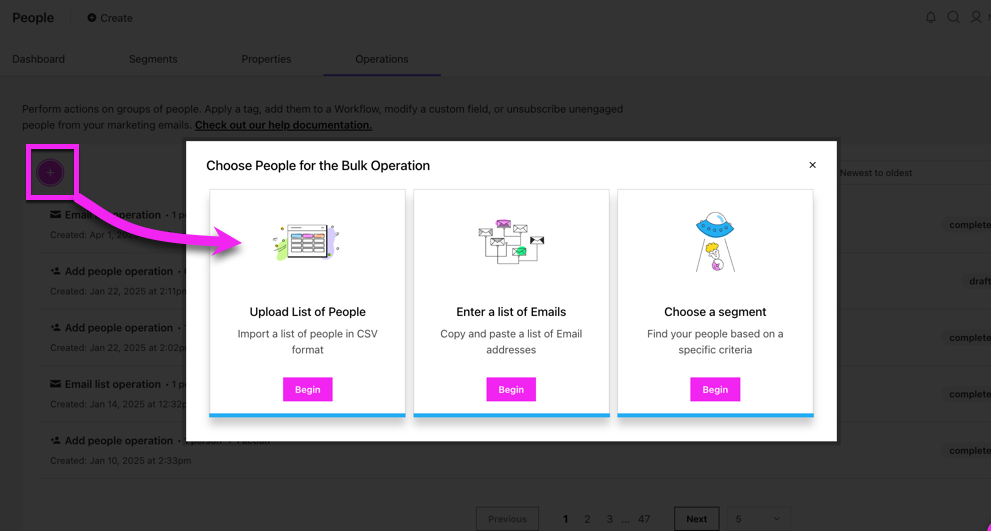 Drip Bulk Operation page with arrow pointing to a plus sign to create a new operation and selecting Upload a list of people option