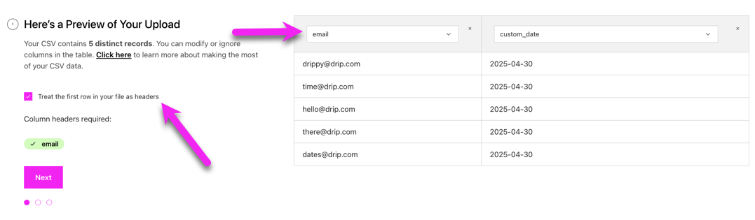 Bulk Operation Preview page for CsV upload pointing to the preview headers and Treat the first row in your file as headers checkbox checked