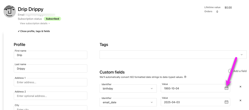Person Profile with arrow pointing to the calendar icon next to a date based custom field