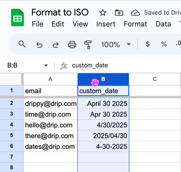A highlighted column in Google Sheets containing non-ISO dates