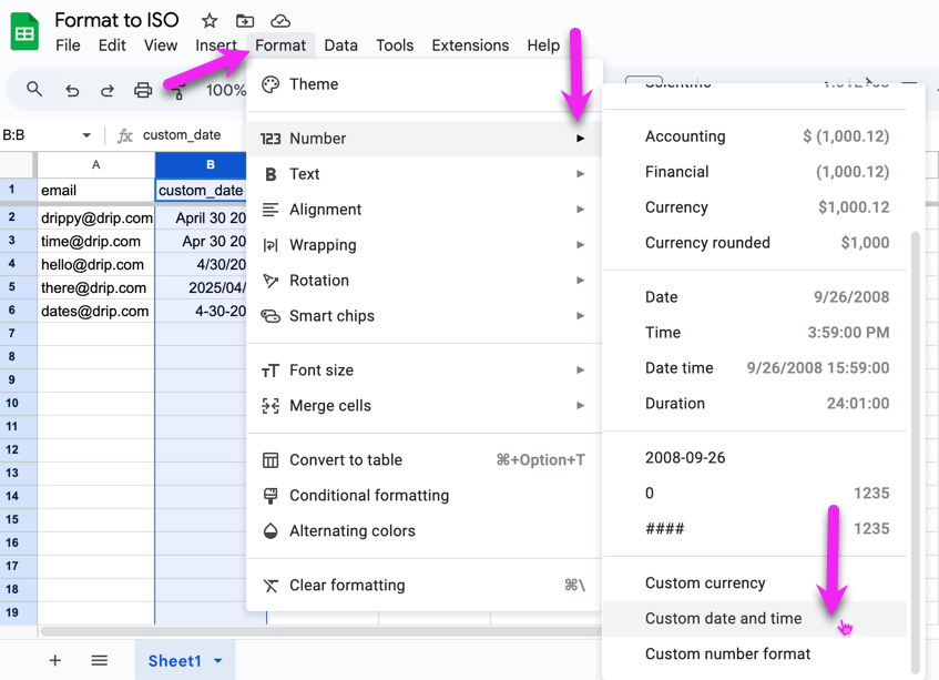Google sheet navigation to Format, then Number, then Custom Date and Time