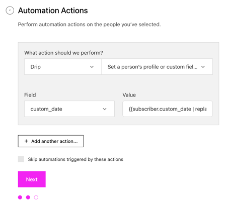 Set a person's profile or custom field and the field set to custom_date and the value set to liquid filter