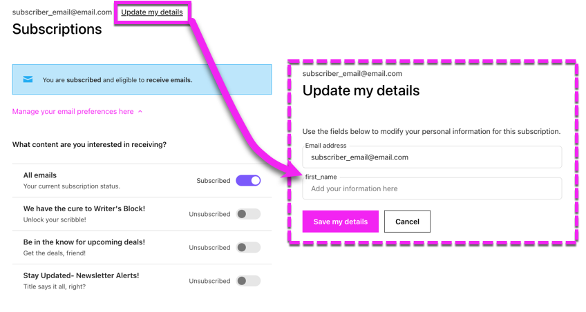 Subscription Management page highlighting the Update my details option then another image of the Update page where you can edit email address and first name