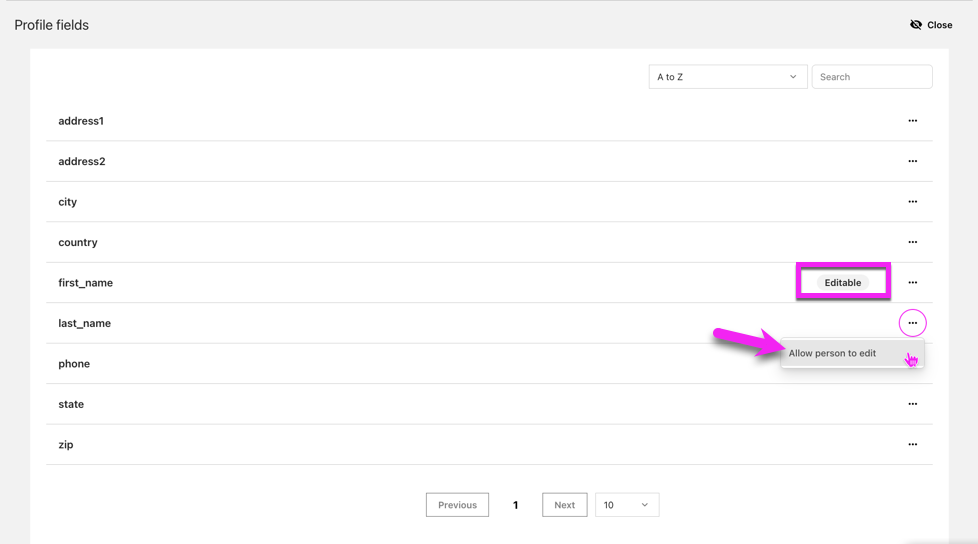 Custom Field Management page highlighting the three-dot menu to open the Allow Person to Edit option as well as showing the Editable tag for custom fields that are already shown on the Update my Details page