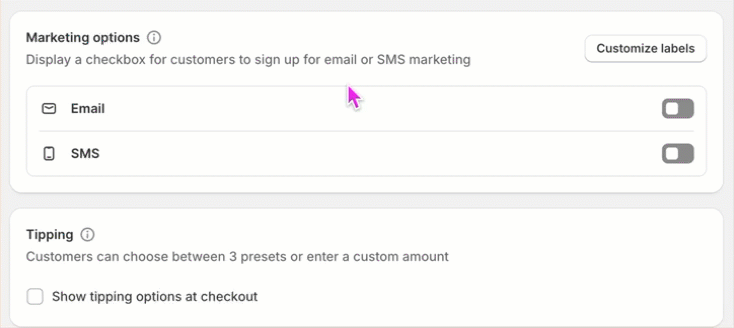 Marketing options setting toggling on the EMail marketing option and toggling between both Region options