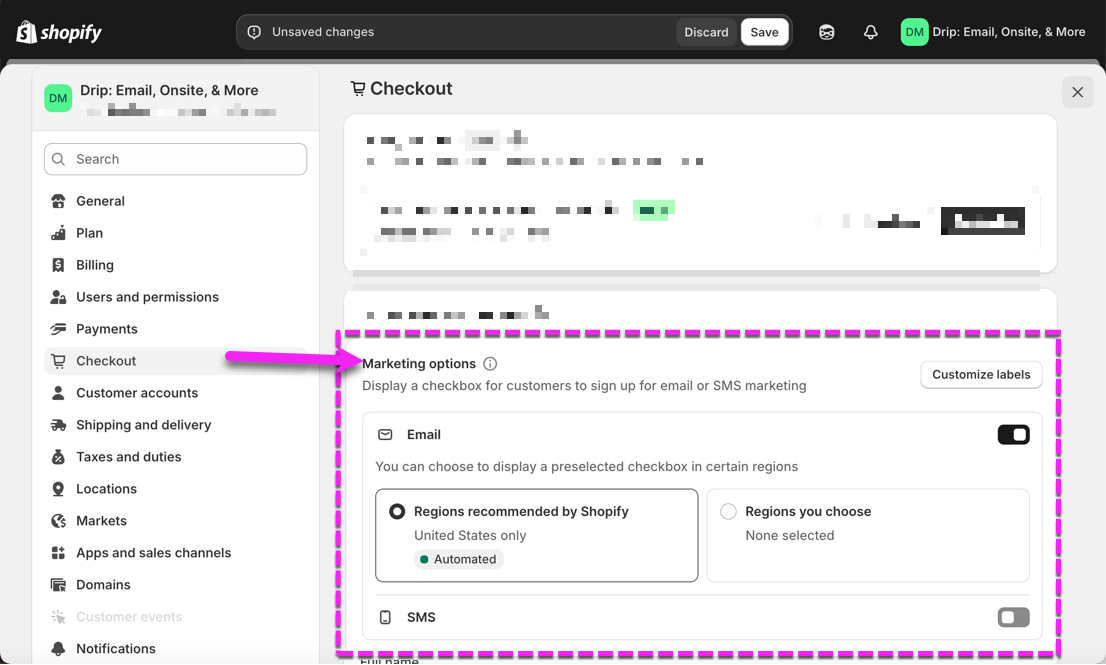 Shopify Admin Settings with arrow pointing to Checkout and highlighting the Marketing Options with the email toggle on and option for regions recommended by shopify