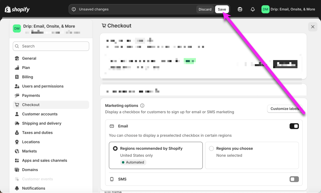 Shopify admin page highlighting the Save Changes prompt