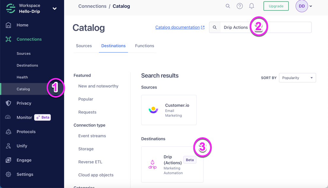 Segment workspace highlighting Catalog on the side menu, Drip Actions in the search bar, and the Drip (Actions) destination option