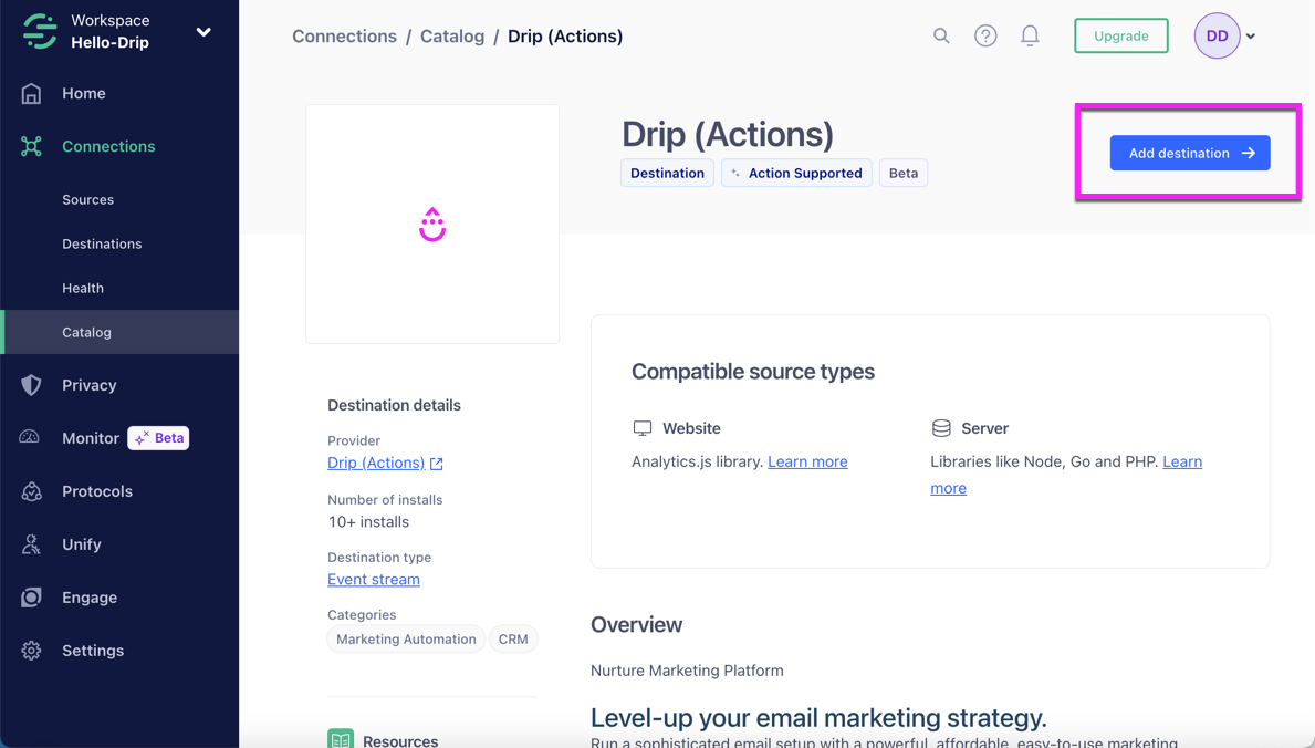 Segment Connections, Catalog, Drip Actions page highlighting the Add Destination button