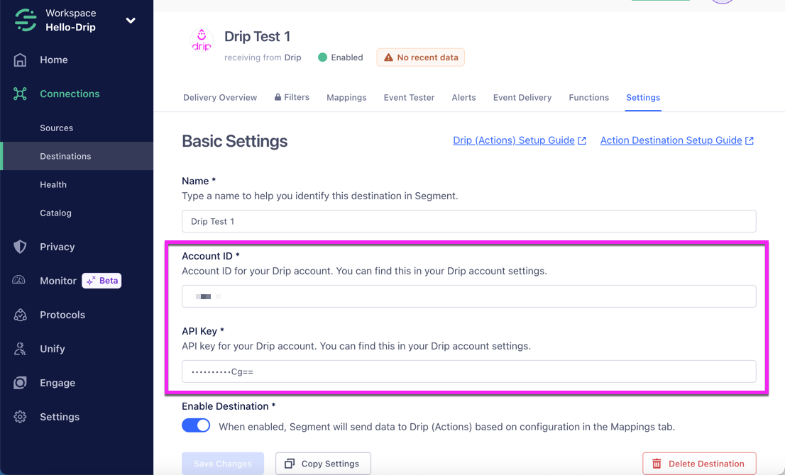 Segment Basic Settings for Drip Destination with the Account ID and API Key fields filled out