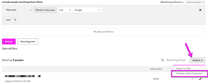 Action to perform a Segment bulk operation from the Active people page