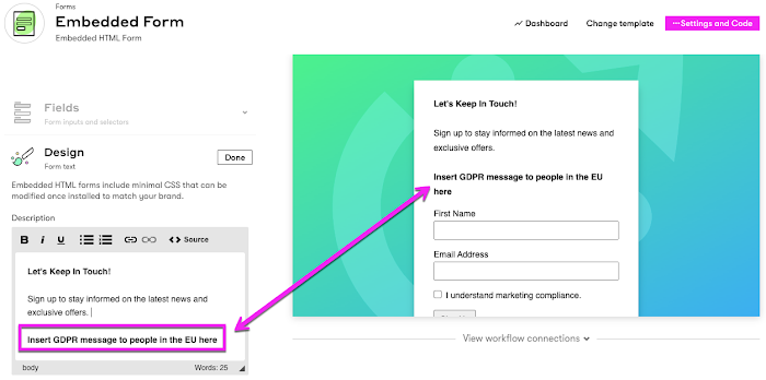 GDPR message in a legacy form builder