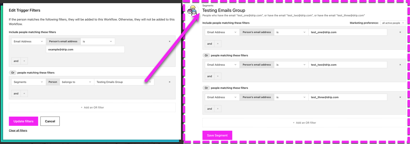 Edit Trigger Filters set to Email address is OR is in a Saved Segment