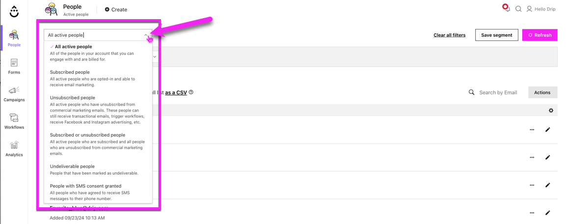 Active People page Marketing preference filters