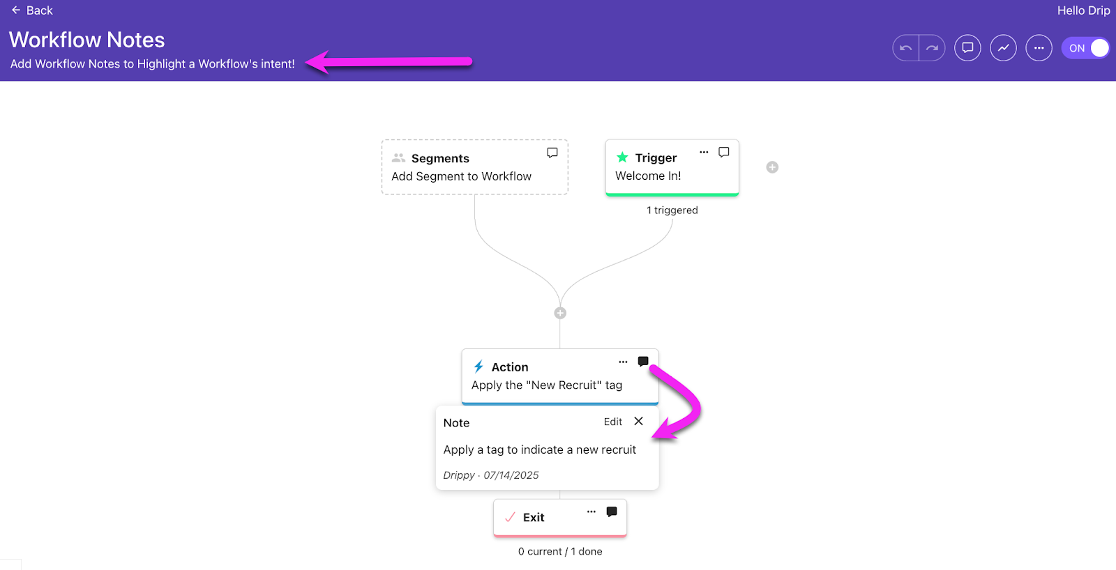 Workflow with a Description and open Note on an Action Node