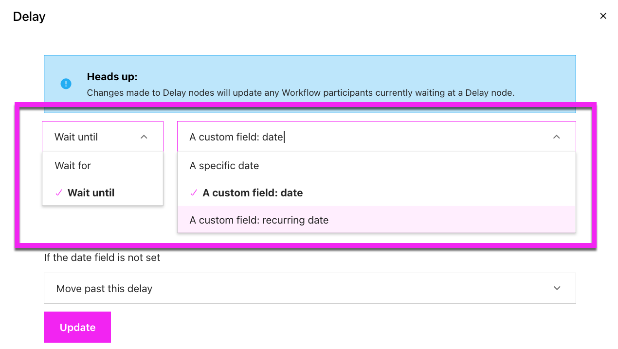 Delay Node settings showing Wait for or wait until and options for specific date, a custom field date or custom field recurring date