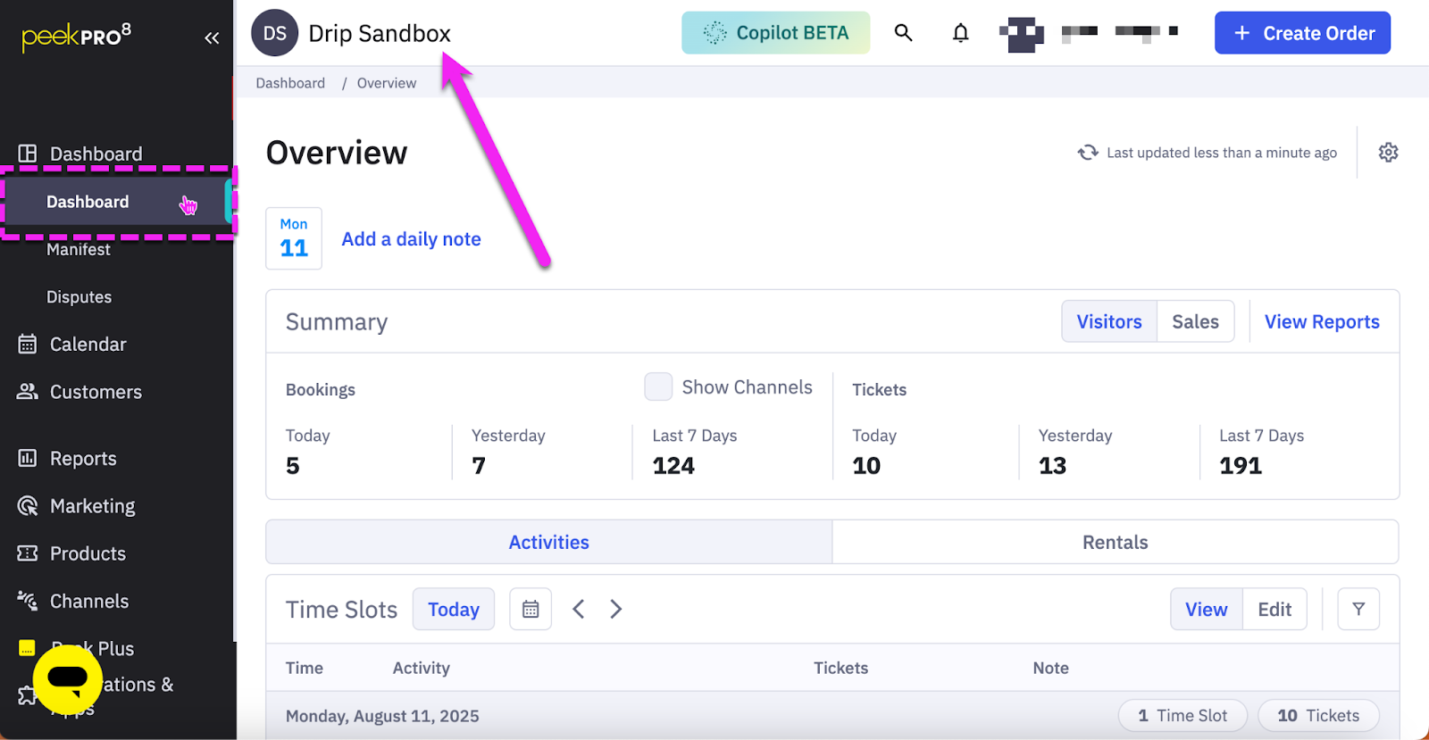 Peek Pro Dashboard page pointing to the Account Name