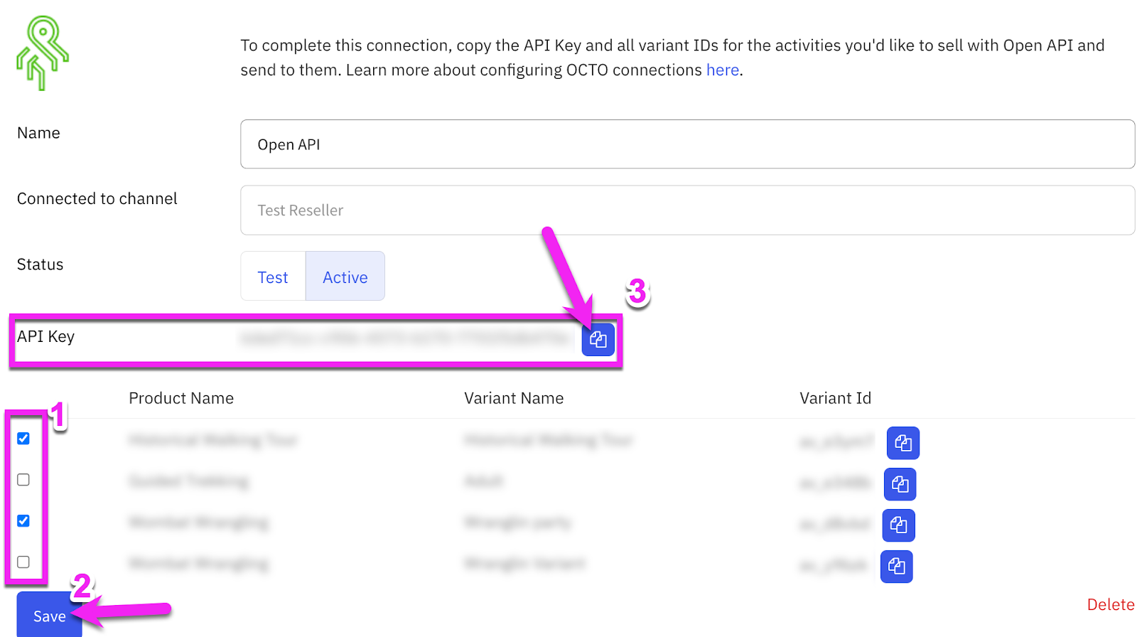 Peekpro Octo channel highlighting Product Name checkboxes, the Save button, and the copy API Key button