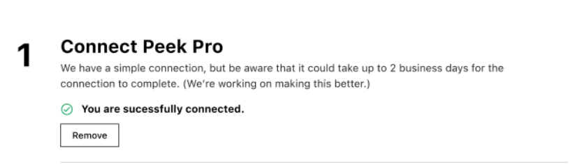 Drip Peek Pro integration page, Successful Connection message
