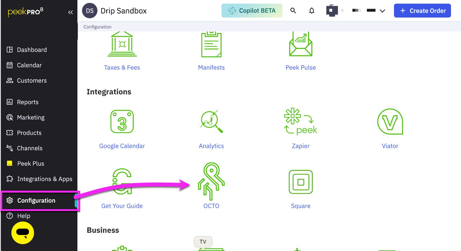 Peek Pro Account, Configuration page pointing to Octo