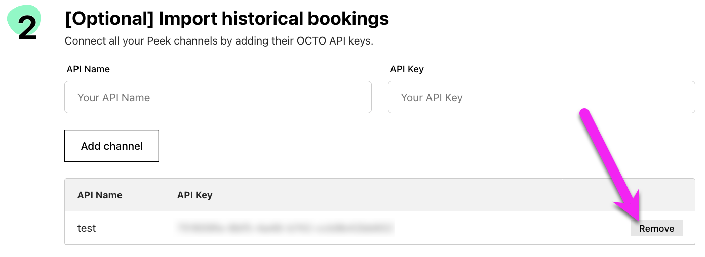 Drip PeekPro Step 2, optional Import historical bookings page pointing to Remove channel button