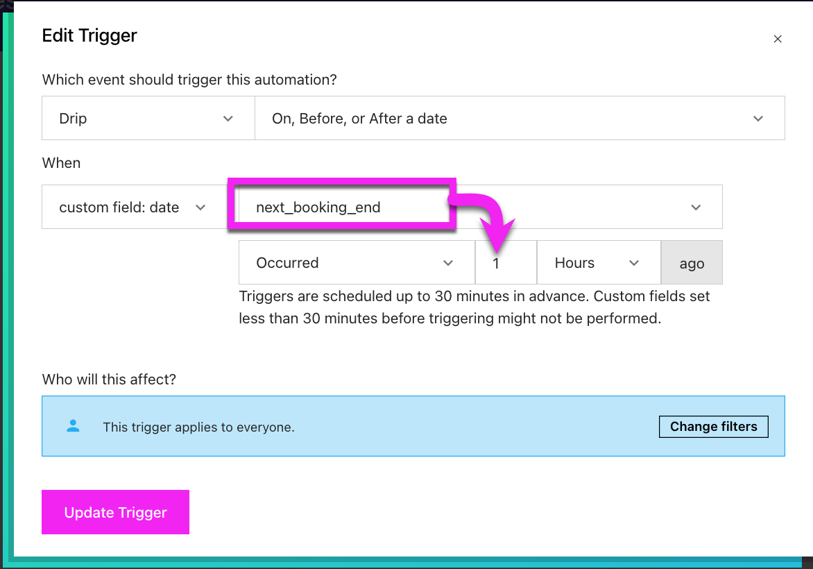 Date Based trigger settings set to occur one hour before the custom field next booking end